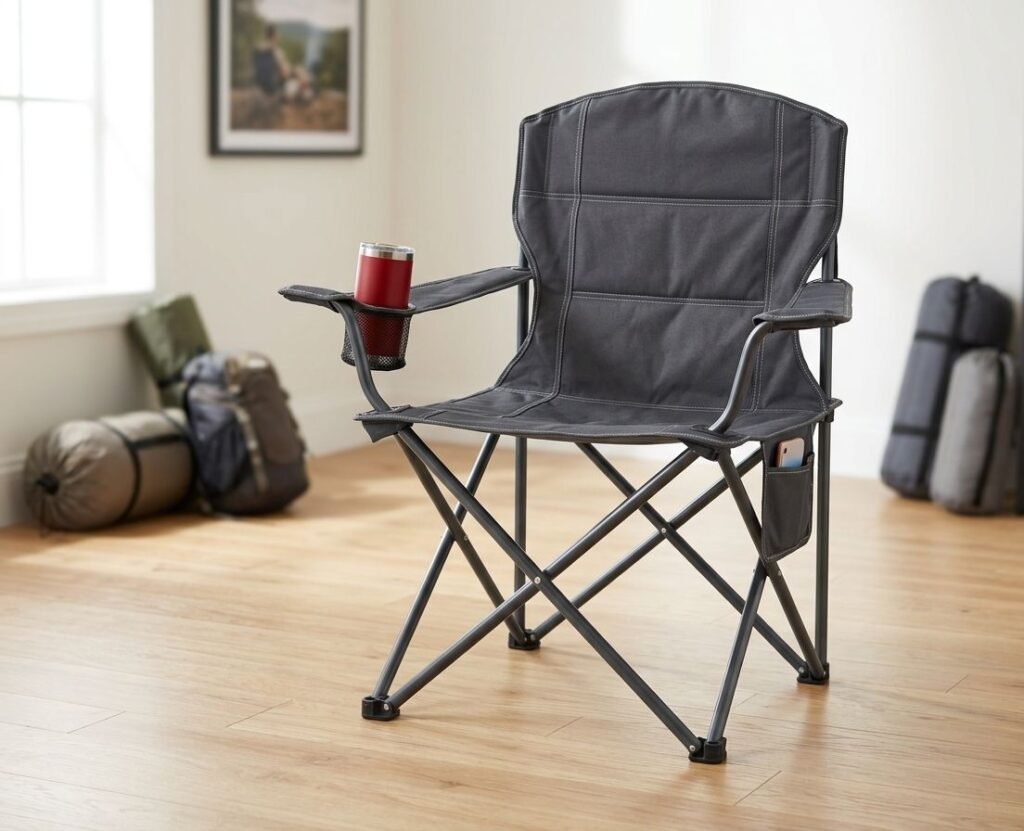 Durable dark gray heavy-duty folding camping chair with red mug and phone pouch, displayed on a wooden floor in a cozy home setting, highlighting its storage convenience.