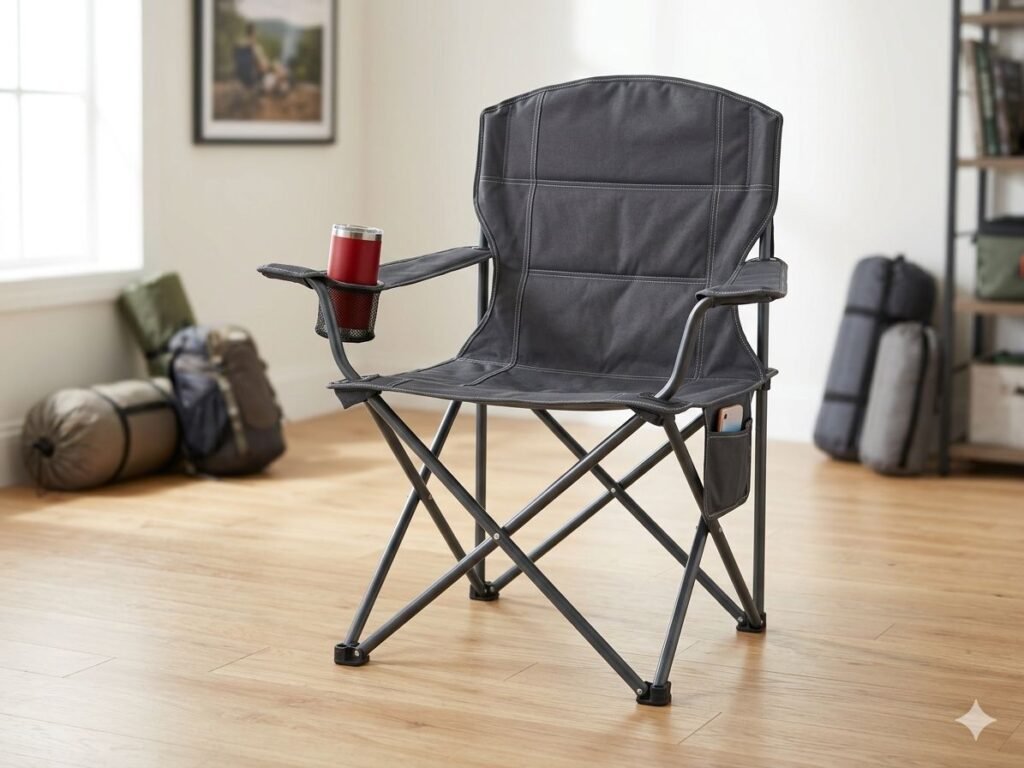 A close-up shot of the dark gray heavy-duty folding camping chair, featuring reinforced stitching, a mesh cup holder with a thermal mug, and a side phone pouch, displayed on a clean wooden floor in a cozy home setting, highlighting its compact storage and convenience for small spaces.